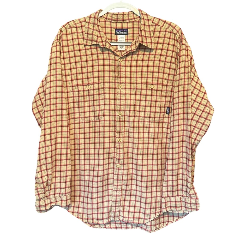 Patagonia Mens Organic Cotton Plaid Long Sleeve Button Down Shirt Tan Red Large